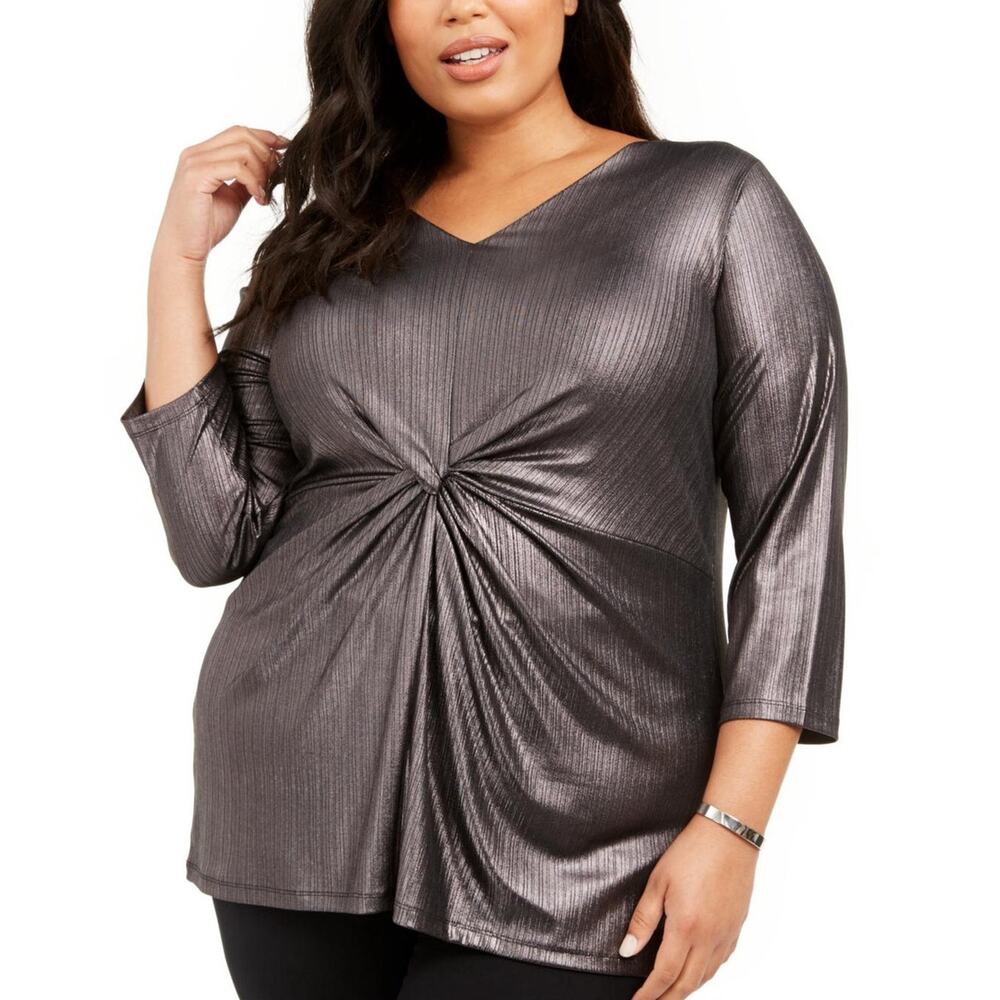 NEW Alfani Top Women's Plus Size 2X Metallic Black Gray Twist Front Glam Evening